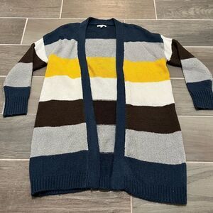 High call long lined open knit striped color block cardigan size small